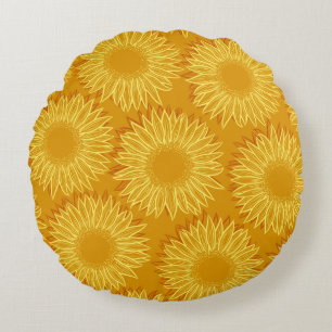 Floral Rustic Sunflower Light Hand Drawn Round Pillow