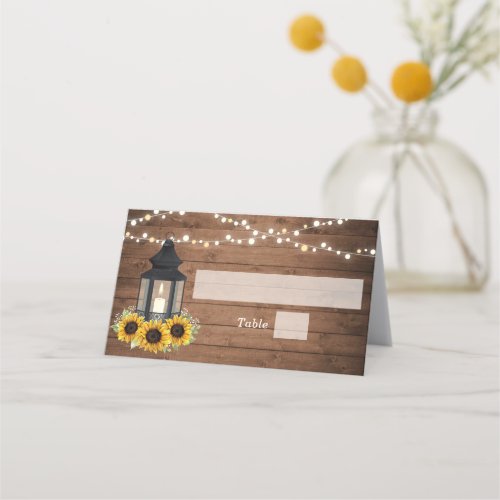 Floral Rustic Sunflower Wood Lantern String Lights Place Card