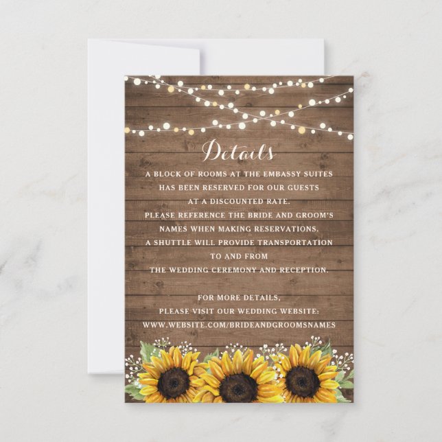 Floral Rustic Sunflower Wood String Lights Details Invitation (Front)