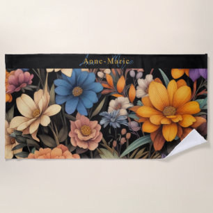 Floral rustic vintage elegant black beach towel