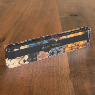 Floral rustic vintage elegant black desk name plate