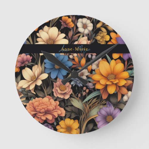 Floral rustic vintage elegant black round clock