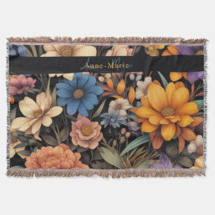 Floral rustic vintage elegant black throw blanket