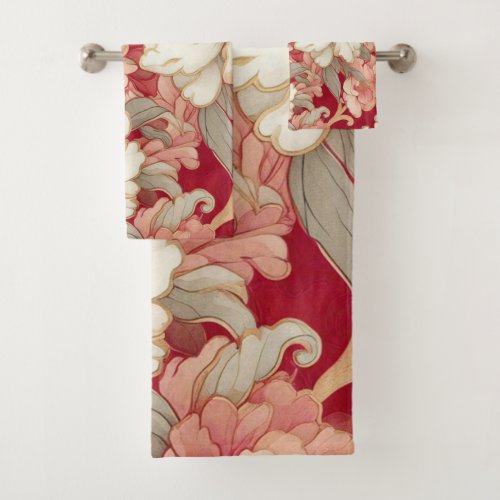 Floral rustic vintage elegant red bath towel set