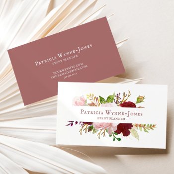 Floral Rustic Watercolor Pink And Burgundy Business Card by Wedding_Paper_Nest at Zazzle