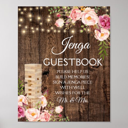 Floral Rustic Wedding Jenga Guest Book Sign