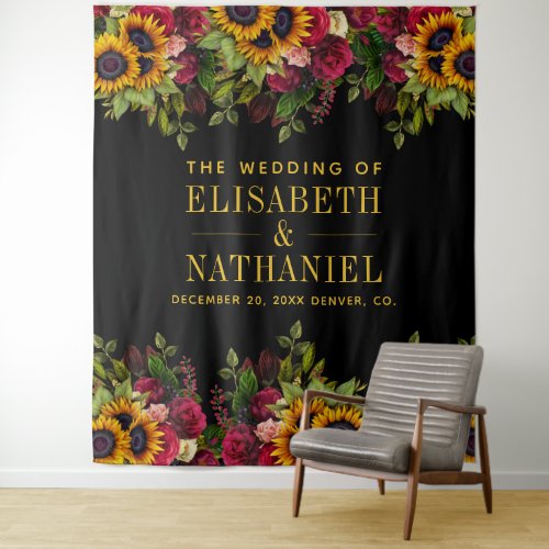 Floral rustic wedding photo booth black backdrop