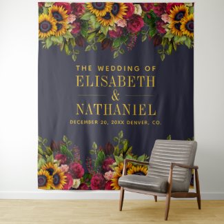 Floral rustic wedding photo booth navy backdrop