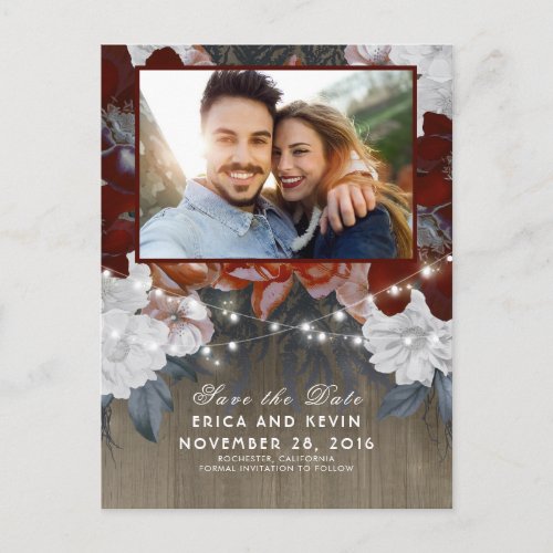 Floral Rustic Wood and Lights Photo Save the Date Announcement Postcard