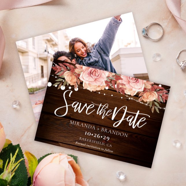 Floral Rustic Wood and String Lights Wedding Save The Date (Creator Uploaded)