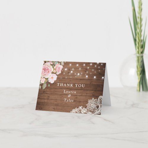 Floral Rustic Wood Blush Roses String Lights Thank You Card