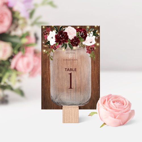 Floral Rustic Wood Burgundy Mason Jar Wedding Table Number