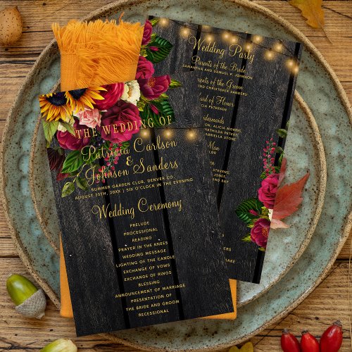 Floral rustic wood gold lights wedding ceremony flyer