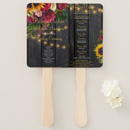 Floral rustic wood gold lights wedding ceremony hand fan