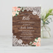 Floral Rustic Wood Lace 16th Birthday Invitation (Standing Front)
