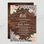 Floral Rustic Wood Lace 16th Birthday Invitation (Front/Back)