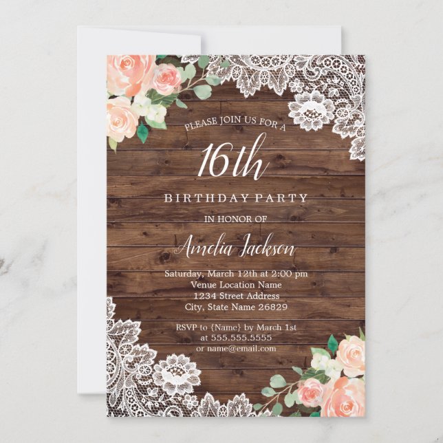 Floral Rustic Wood Lace 16th Birthday Invitation (Front)