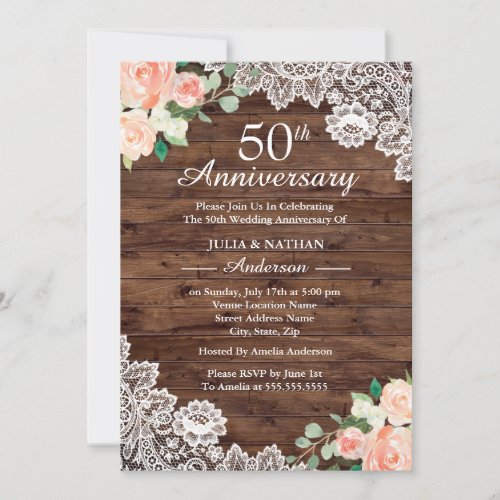 Floral Rustic Wood Lace 50th Wedding Anniversary Invitation