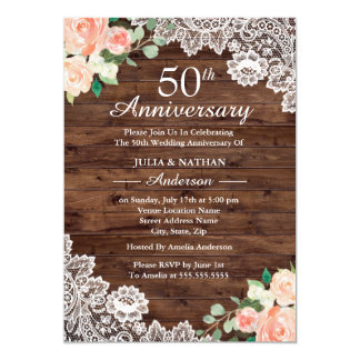 Floral Rustic Wood Lace 50th Wedding Anniversary Invitation