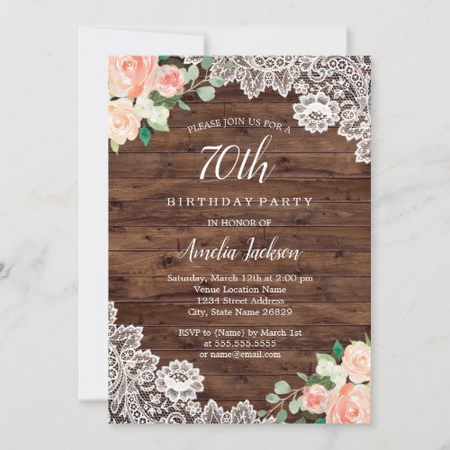 Floral Rustic Wood Lace 70th Birthday Invitation