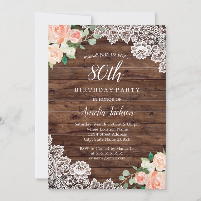 Floral Rustic Wood Lace 80th Birthday Invitation (Front)