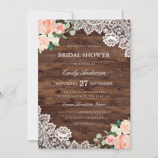 Floral Rustic Wood Lace Bridal Shower Invitation (Front)