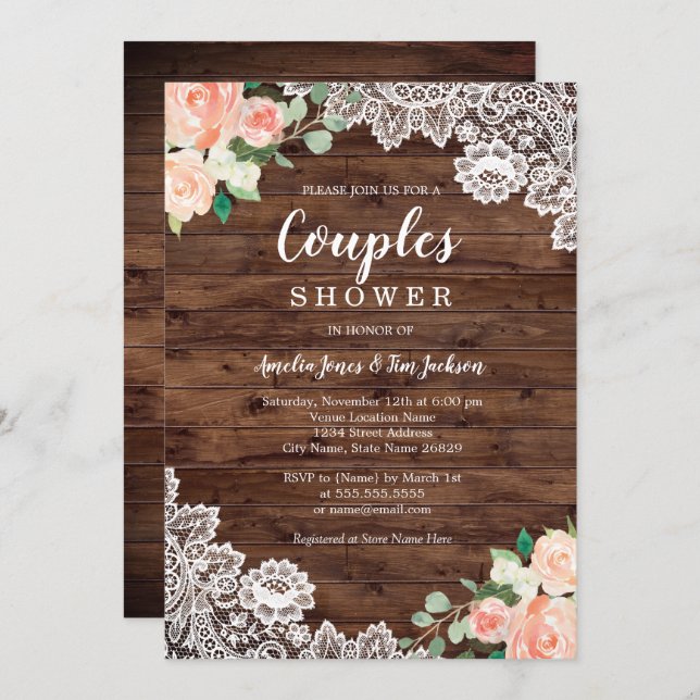 Floral Rustic Wood Lace Couples Wedding Shower Invitation (Front/Back)