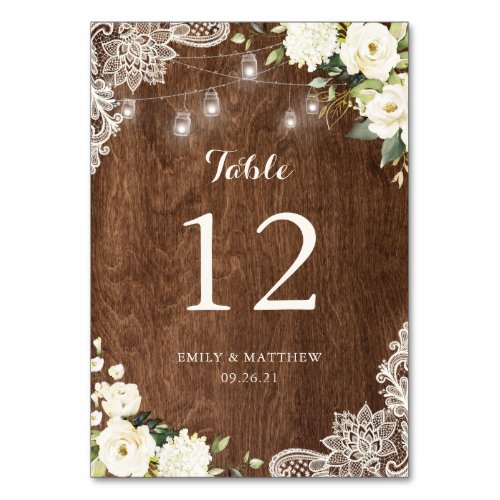 Floral Rustic Wood Lace String Lights Mason Jars Table Number