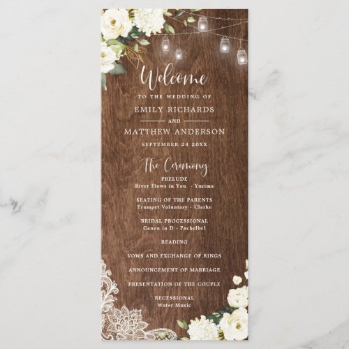 Floral Rustic Wood Lace String Lights Wedding Program