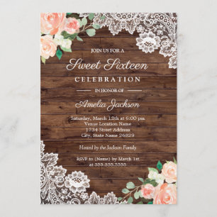 Floral Rustic Wood Lace Sweet Sixteen Invitation
