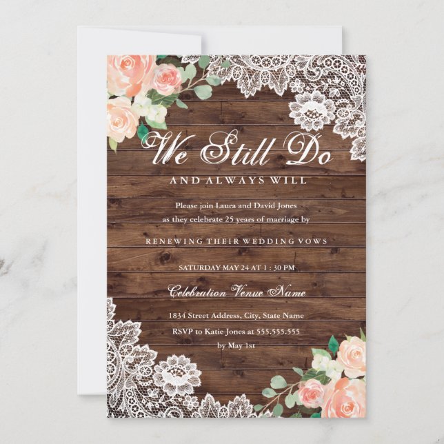 Floral Rustic Wood Lace Vow Renewal Anniversary Invitation (Front)