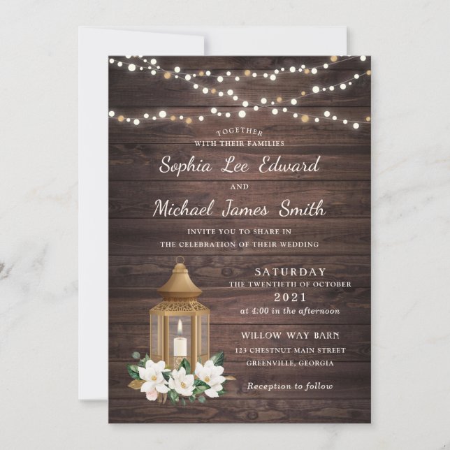 Floral Rustic Wood Lantern Magnolia String Lights Invitation (Front)