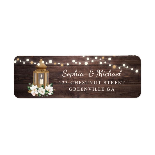 Floral Rustic Wood Lantern Magnolia String Lights Label (Front)