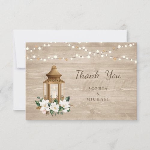 Floral Rustic Wood Lantern Magnolia String Lights Thank You Card