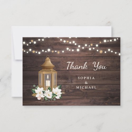 Floral Rustic Wood Lantern Magnolia String Lights Thank You Card