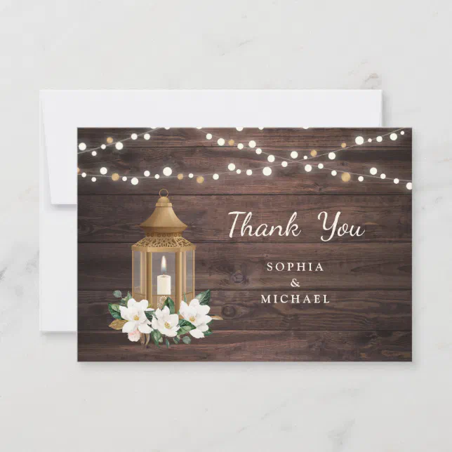 Floral Rustic Wood Lantern Magnolia String Lights Thank You Card | Zazzle