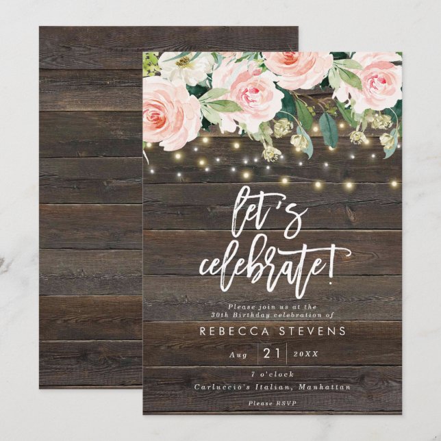 floral rustic wood let's celebrate birthday invitation (Front/Back)