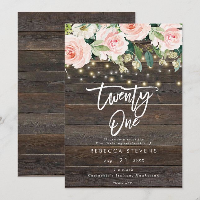 floral rustic wood lights 21st birthday invitation (Front/Back)