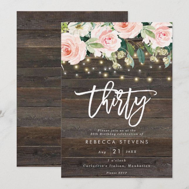 floral rustic wood lights 30th birthday invitation (Front/Back)
