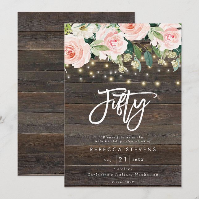floral rustic wood lights 50th birthday invitation (Front/Back)
