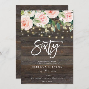floral rustic wood lights 60th birthday invitation