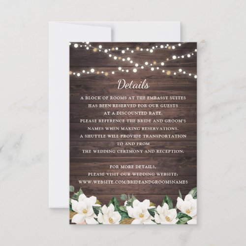 Floral Rustic Wood Magnolia String Lights Details Invitation