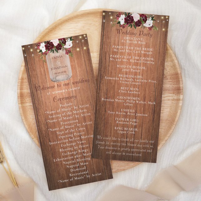 Floral Rustic Wood Mason Jar Burgundy Wedding Program (Creator Uploaded)