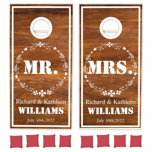 Floral Rustic Wood Mr and Mrs Couples Wedding   Cornhole Set
