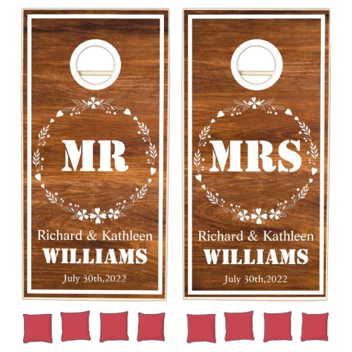 Floral Rustic Wood Mr and Mrs Couples Wedding  Cornhole Set