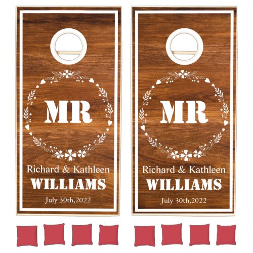 Floral Rustic Wood Mr and Mrs Couples Wedding Cornhole Set