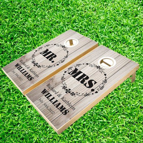 Floral Rustic Wood Mr and Mrs Couples Wedding   Cornhole Set