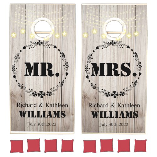 Floral Rustic Wood Mr and Mrs Couples Wedding    Cornhole Set