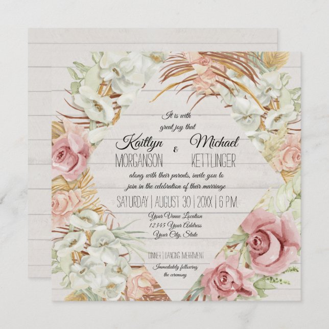 Floral Rustic Wood Pampas Palm Foliage Wedding Invitation (Front/Back)