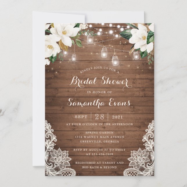 Floral Rustic Wood String Lights Lace Mason Jars Invitation (Front)